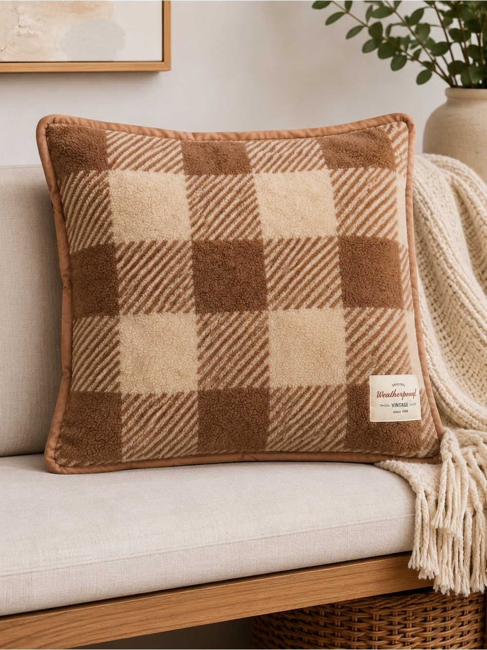 Weatherproof Vintage Sherpa Fleece Pillow Cover Chipmunk Brown Plaid Cozy 18x18”